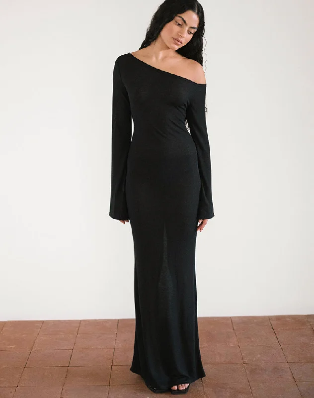 Relaxed Style Aldiana Long Sleeve Asymmetric Maxi Dress in Sheer Knit Black Chic Sophistication