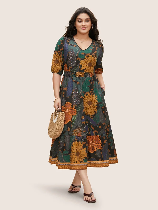 Exclusive Discounts Floral Shirred Lantern Sleeve Midi Dress Elegant Contour