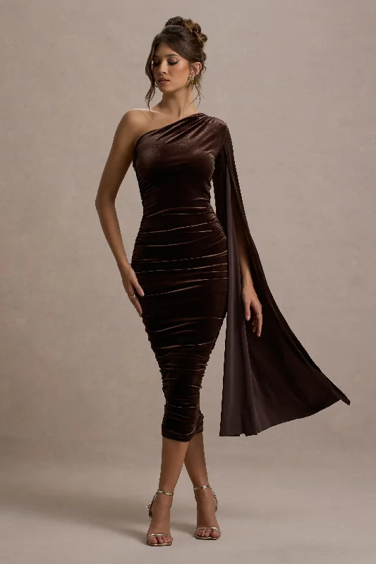 Special Offer Gianna | Chocolate Velvet One Shoulder Cape Bodycon Midi Dress Everyday Glamour