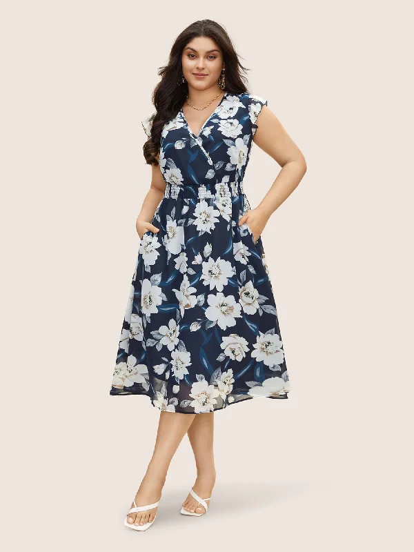 Gift Ideas Chiffon Floral Ruffle Cap Sleeve Dress Boho - Chic Festival - Ready Style