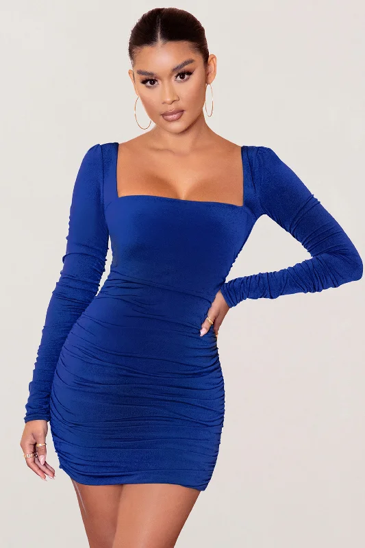 Sophisticated Style Offers Muse | Royal Blue Long Sleeve Square Neck Ruched Mini Dress Luxe Layering