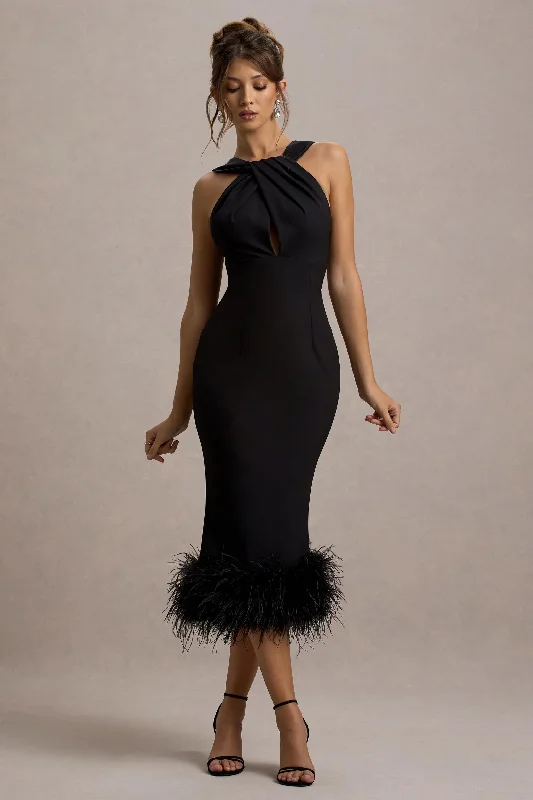 Style Without Limits Titania | Black Twist-Neck Feather Hem Midi Dress Lightweight Fabric