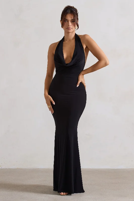 Fashionista Favorites Milani | Black Backless Cowl Neck Fishtail Maxi Dress Grab Romantic Date - Night Styles Now