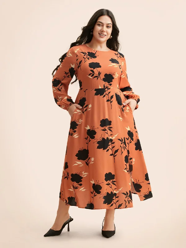 Must Haves Silhouette Floral Print Lantern Sleeve Slit Hem Dress Refined Simplicity