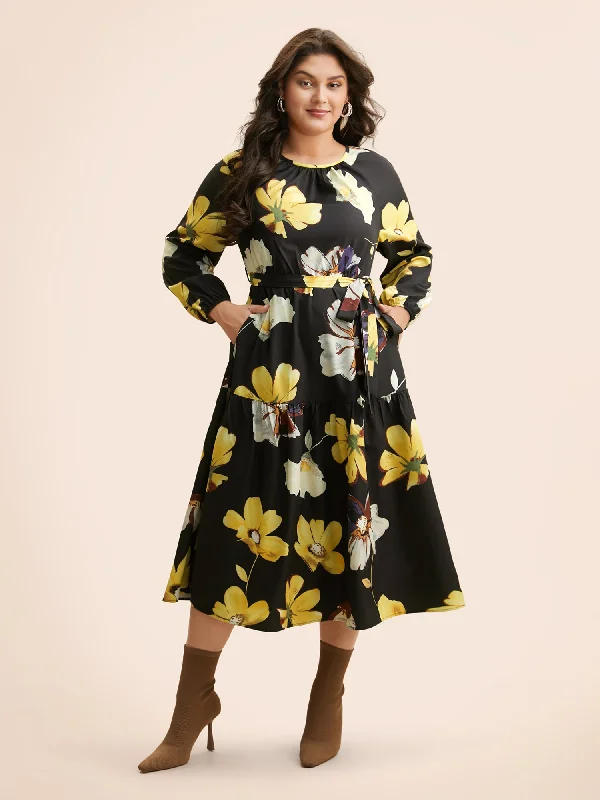 Spring Offer Floral Round Neck Gathered Belted Dress Subtle Sophistication