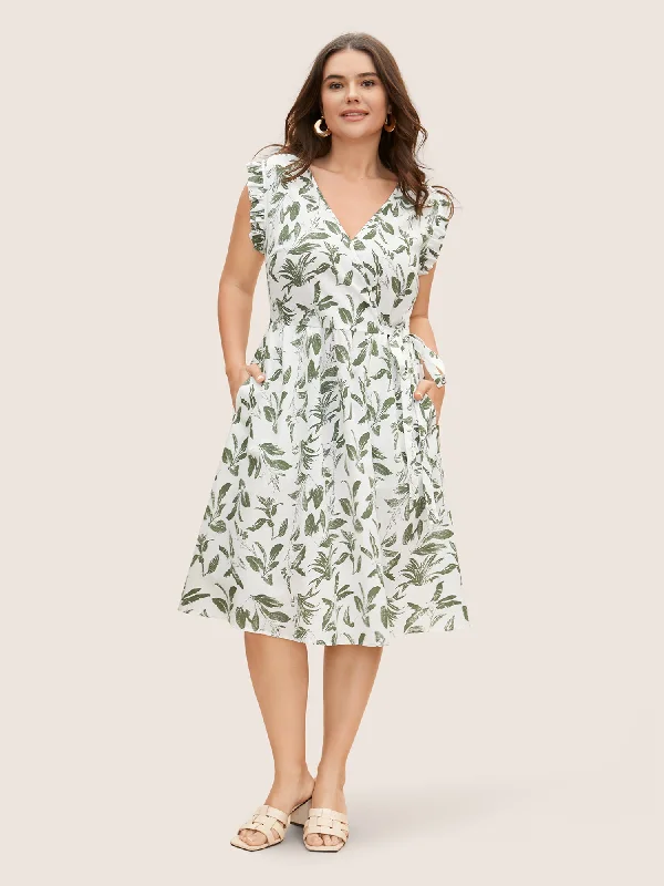 Top Deals Floral Print Wrap Ruffle Cap Sleeve Dress Fashion-Forward Style