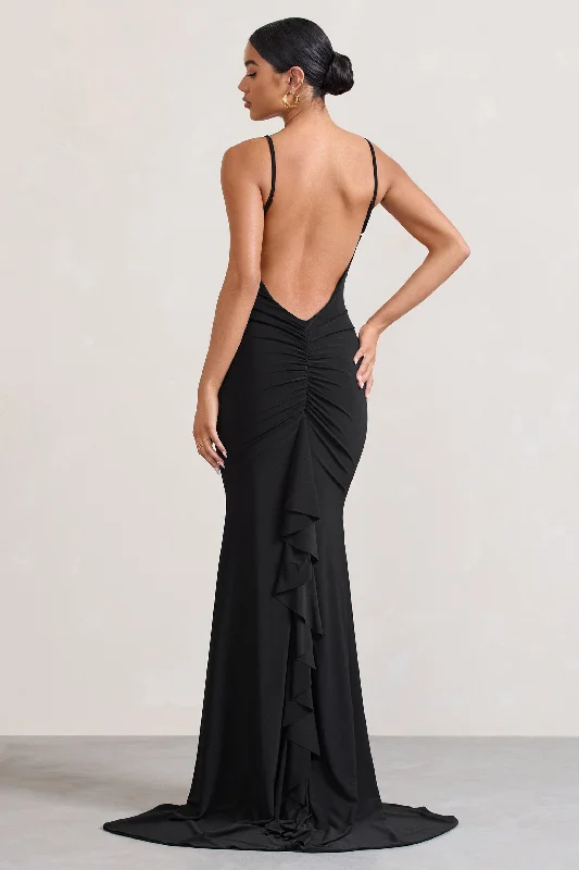 The Latest Fashion Trends Naya | Black Strappy V-Neck Fishtail Maxi Dress Lightweight Fabric