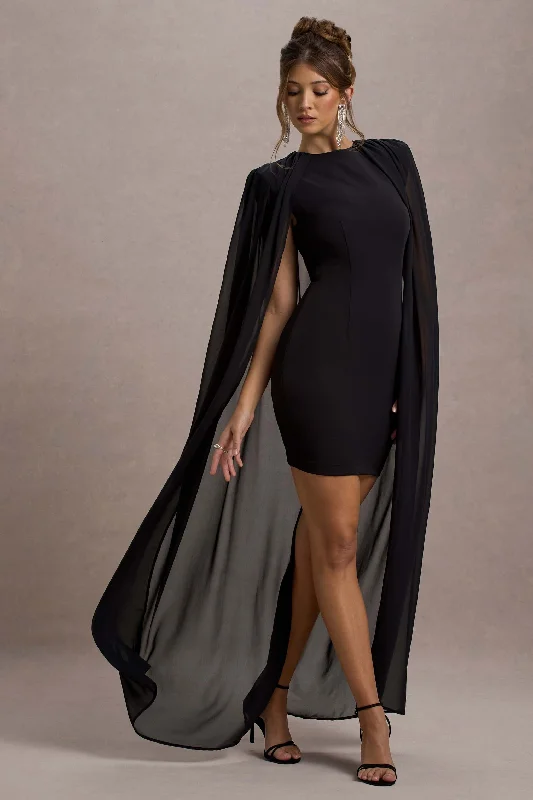 Daring Fashion Promotions Elysium | Black Bodycon Mini Dress With Chiffon Cape Feminine Charm