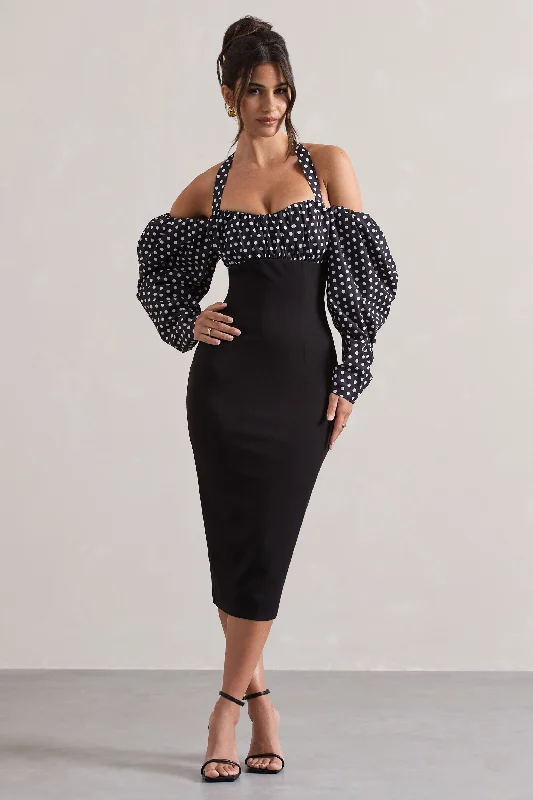 Timeless Elegance Redefined Couture Client | Black & White Polka Dot Halter-Neck Puff Sleeve Midi Dress Boho Chic