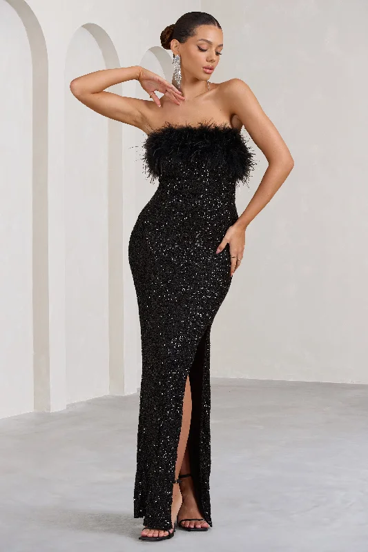 Easy Elegance Sales Old Money | Black Bodycon Sequin Maxi Dress With Feather Trim Soft Textures