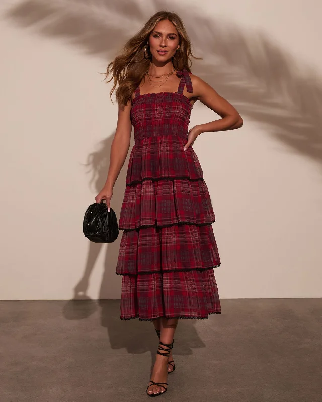 Top Brand Discounts Sway With Me Tiered Plaid Midi Dress Alluring Design