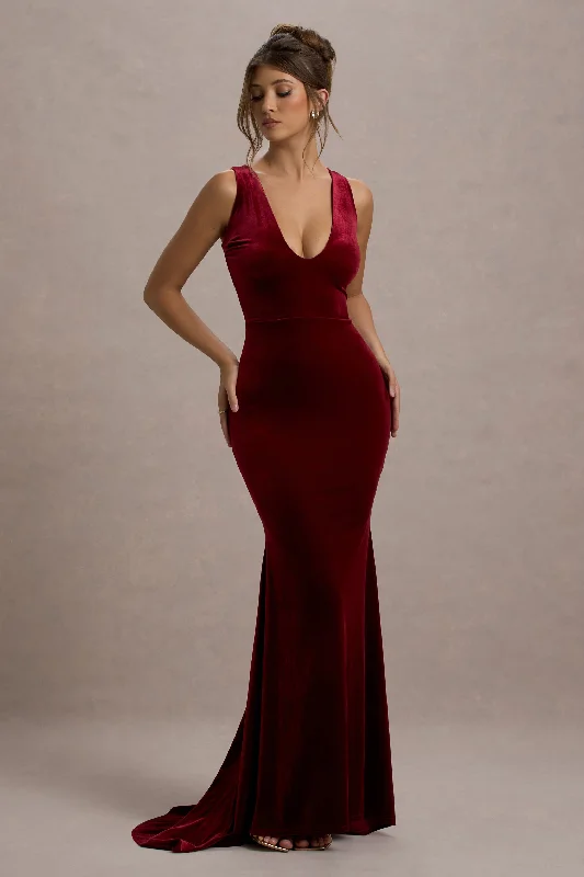 Fashion Sale Elisabetta | Berry Velvet Plunge-Neck Fishtail Maxi Dress Sophisticated Cut