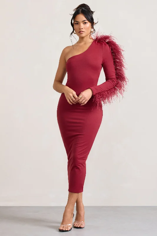 The Latest Fashion Trends Wild One | Burgundy One-Shoulder Bodycon Midi Dress With Feather-Trimmed Sleeve Effortless Sophistication