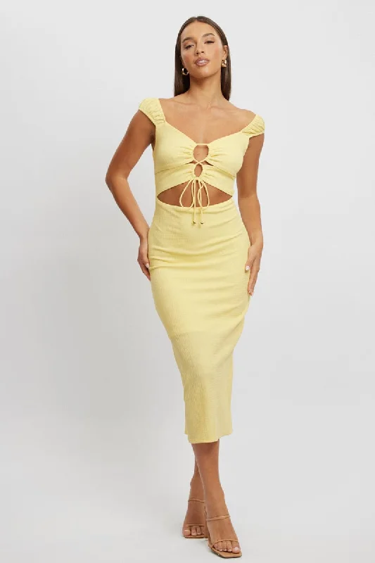 Fashion-Forward Offers Yellow Bodycon Dress Textured Midi Graceful Cut