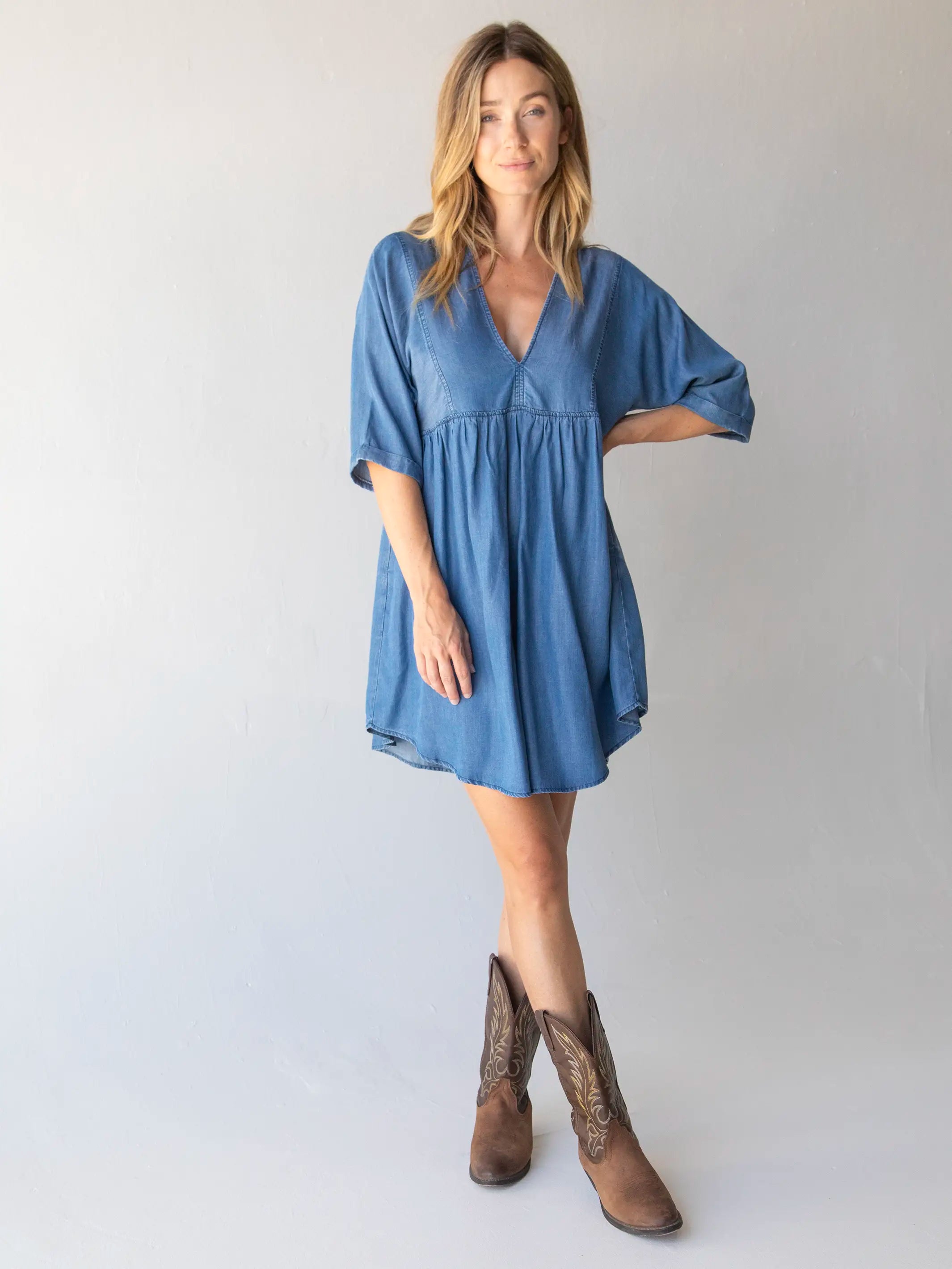 Enjoy Discount Stella V-Neck Mini Dress - Denim Blue Tropical Island - Inspired Attire