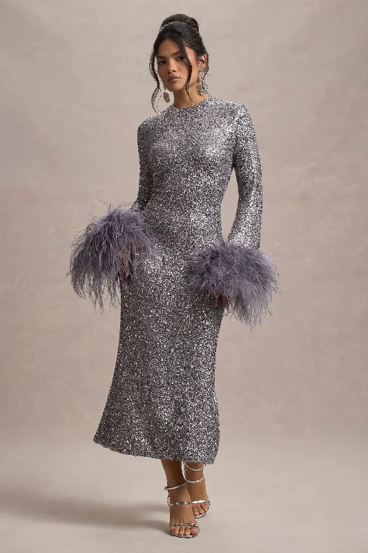 Unleash Your Style North Star | Silver Sequin Long-Sleeve Midi Dress With Feather Cuffs Flash Sale