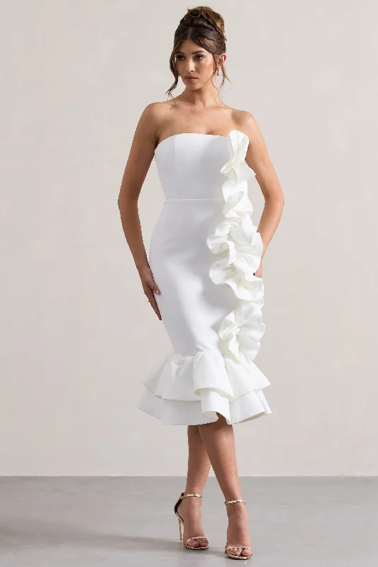 Classy Style Discounts Concept | Cream Bandeau Ruffle Midi Dress Vintage Charm