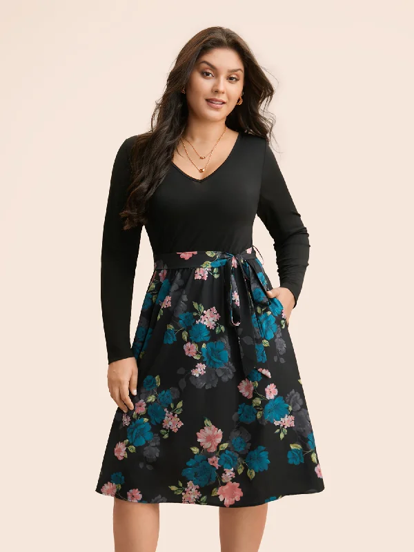 Limited Stock, Big Discounts V Neck Floral Patchwork Belted Dress Elegant Contour