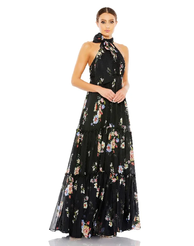 Contemporary Casual Deals Floral Print Ruched Tiered High Neck Bow Gown Tropical Island - Inspired Attire