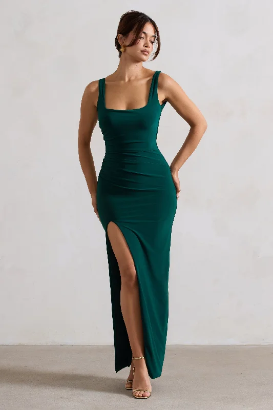 Chic And Edgy Kate | Bottle Green Square Neck Maxi Dress with Plunge Back and Side Thigh Split Contemporary Elegance