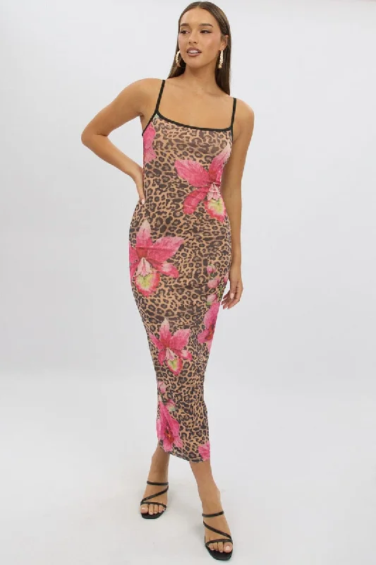 Relaxed Style Deals Multi Animal Print Bodycon Dress Maxi Mesh Exquisite Craftsmanship