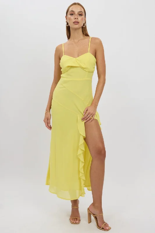 Everyday Elegance Sale Yellow Bodycon Dress Maxi Ruffle Slit Chiffon Classic Appeal