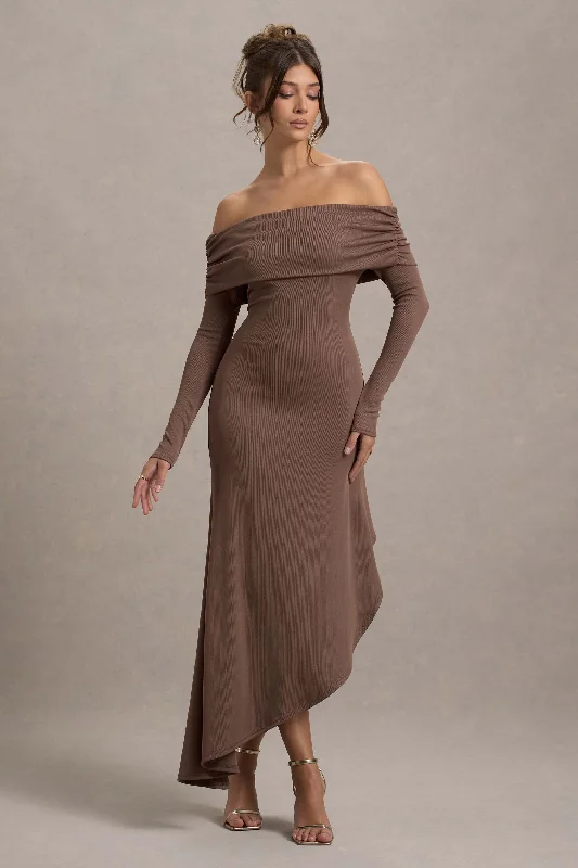 Fashion-Forward Offers Romina | Mocha Rib Knit Bardot Maxi Dress With Asymmetric Hem Elevated Style