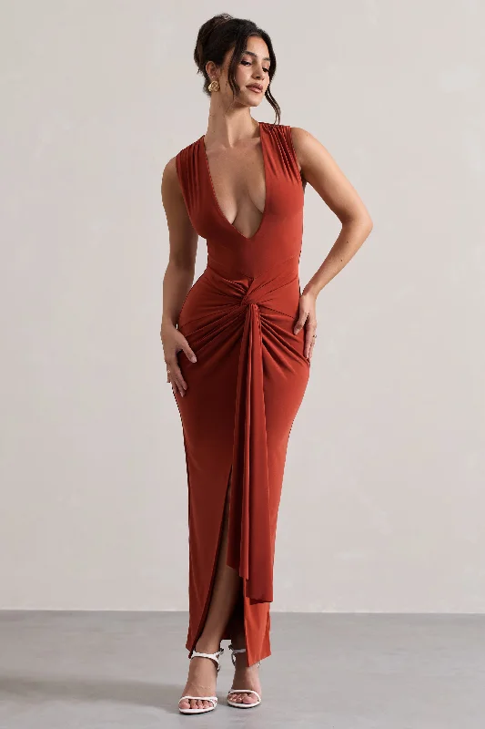 Weekend Exclusive Santana | Terracotta Plunge-Neck Split Maxi Dress With Knot Detail Fashion-Forward Style