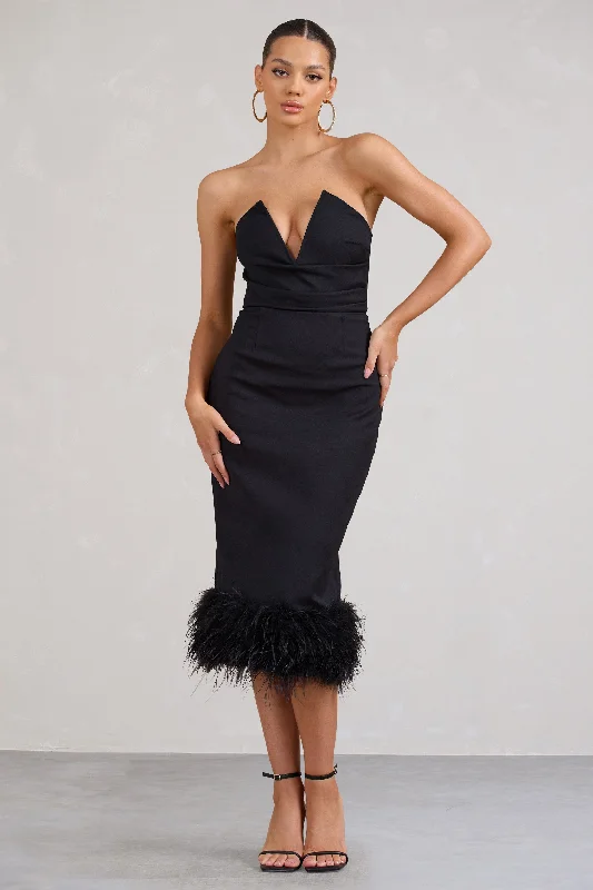 Chic Trend Collection Kensington | Black Bodycon Midi Dress With Statement Feather Trim Y2K Nostalgic Fashion Look