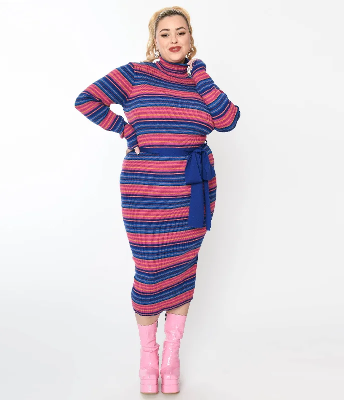 Relaxed Style Blue & Fuchsia Striped Midi Bodycon Dress Rustic Countryside Charm Look