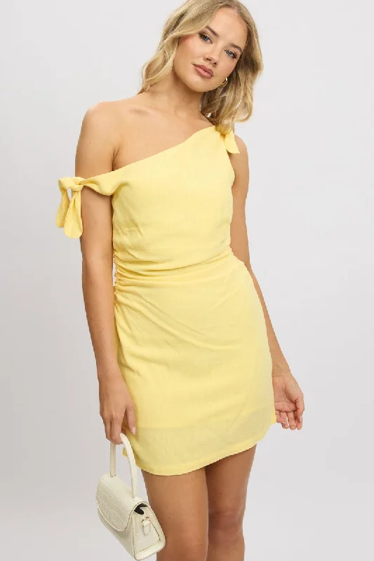 Romantic Fashion Discounts Yellow Bodycon Dress Tie up Shoulder Linen Flowing Silhouette