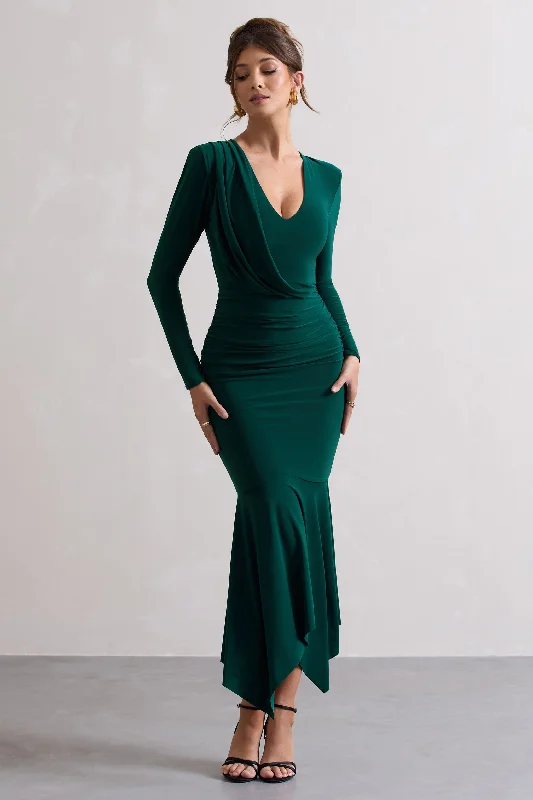 Elevated Casual Discounts Milena | Bottle Green Plunge-Neck Maxi Dress With Draped Hem Vintage Elegance