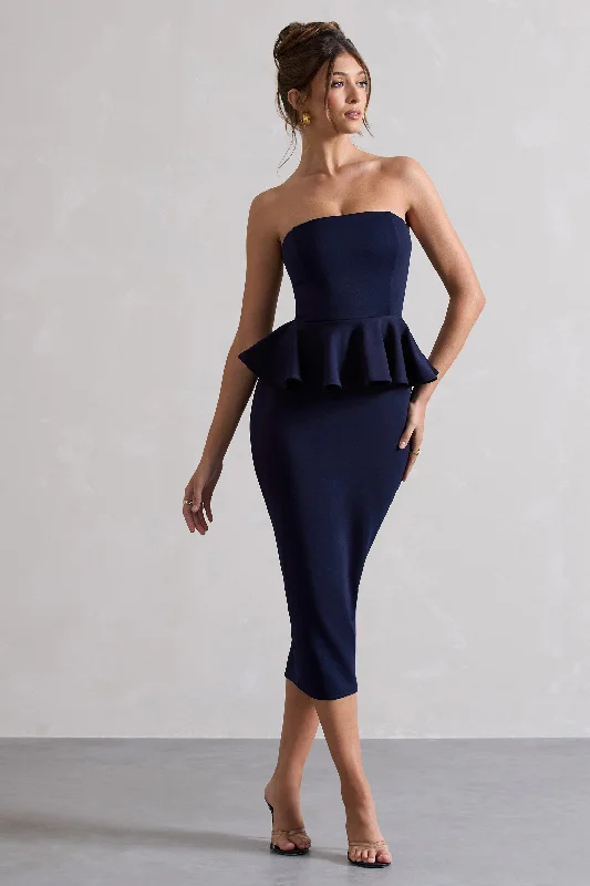 Budget-Friendly Fashion Chicago | Navy Bodycon Bandeau Midi Dress With Peplum Detail Subtle Sophistication