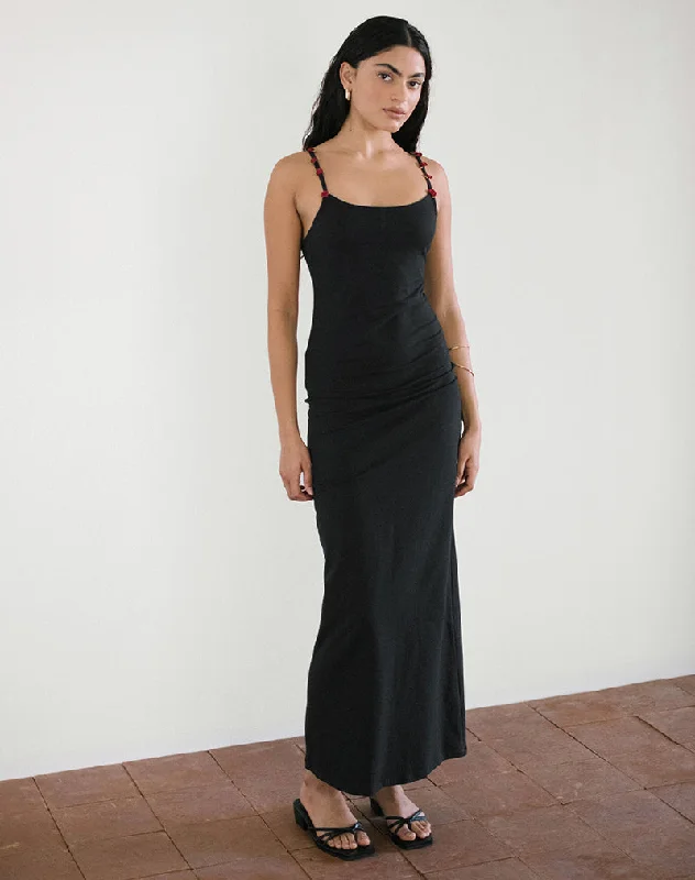 High-End Style Discounts Cantana Maxi Dress in Black with Red Rosette Limited - Stock