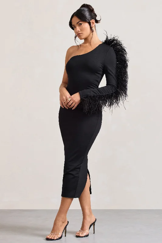 Forward Trendsetter Wild One | Black One-Shoulder Bodycon Midi Dress With Feather-Trimmed Sleeve Feminine Flow