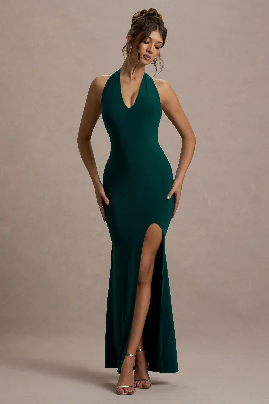 Limited Stock, Big Sale Glamour | Bottle Green Backless V Plunge Halter Neck Maxi Dress With Side Split Charming Silhouette