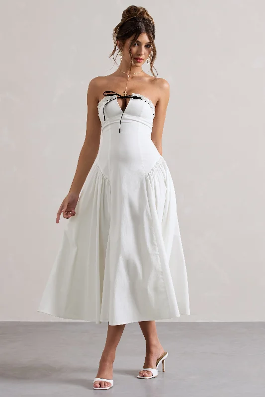 Style Redefined Serrenti | White Poplin Strapless Lace Detail Midi Dress With Volume Skirt Vintage Look