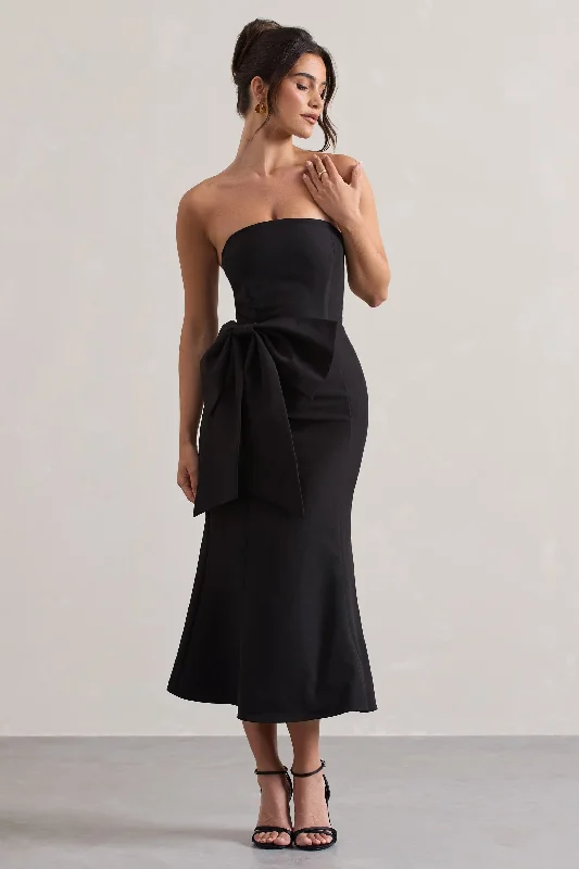 Refined Fashion Sale To Me | Black Bandeau Midi Dress With Oversized Bow Sleek Design