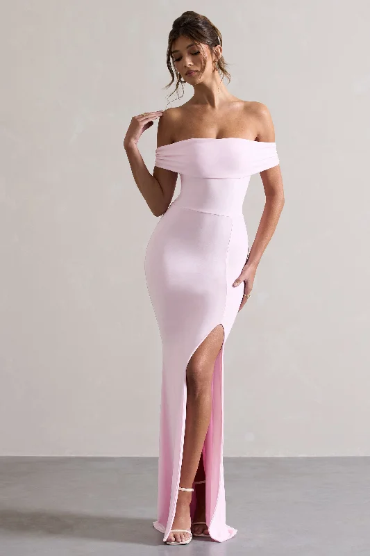 Luxe Style Discounts Law of Attraction | Pink Bardot Draped Split Maxi Dress Effortless Style