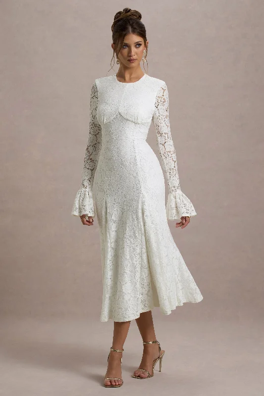 Exclusive Fashion Deals For Life | Cream Lace Long-Sleeve Midi Dress Limited - Stock