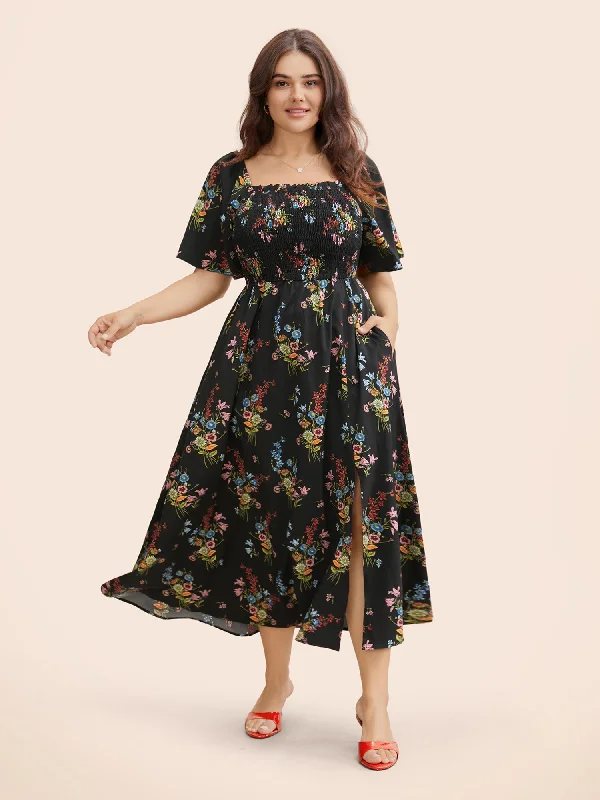 Fashionista Sale Ditsy Floral Shirred Split Hem Dress Sophisticated Cut