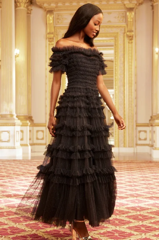 Chic And Edgy Lisette Ruffle Off Shoulder Gown Contemporary Elegance