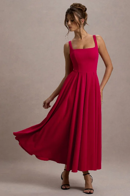 Ride The Style Wave Parina | Red Strappy Volume-Hem Midi Dress Parisian Effortless Chic Style