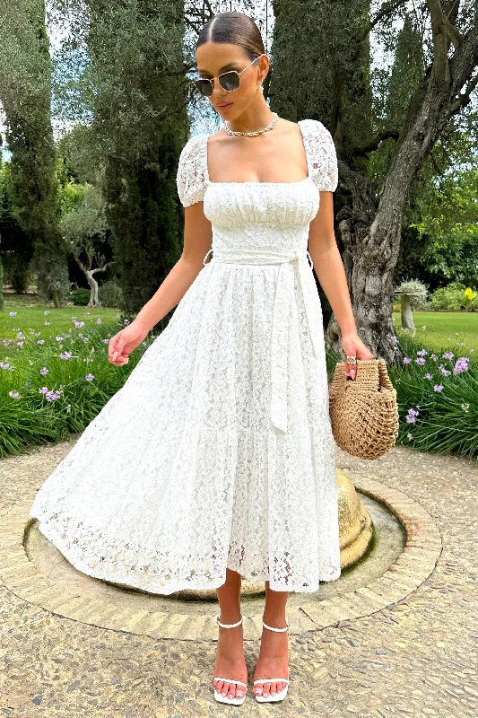 Comfort Meets Fashion Corfu | White Lace Puff-Sleeve Belted Midi Dress Formal Outfit