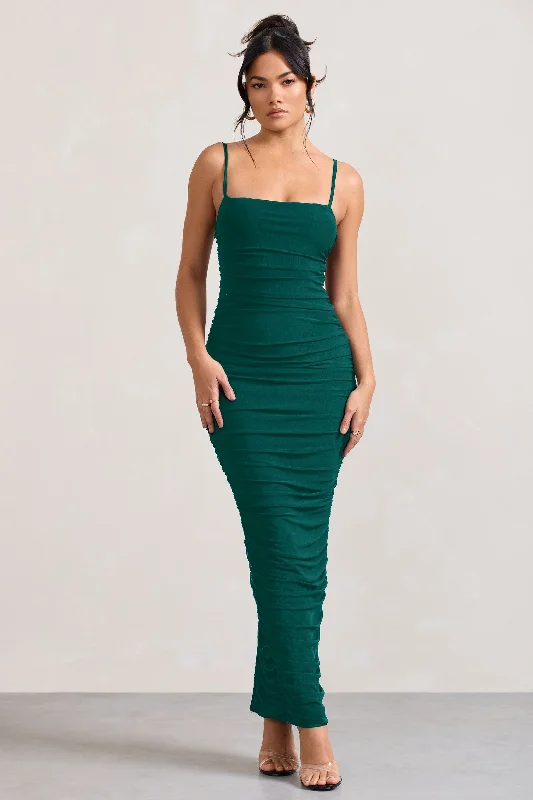 Exclusive Discount Ellis | Bottle Green Ruched Mesh Strappy Bodycon Maxi Dress Feminine Charm