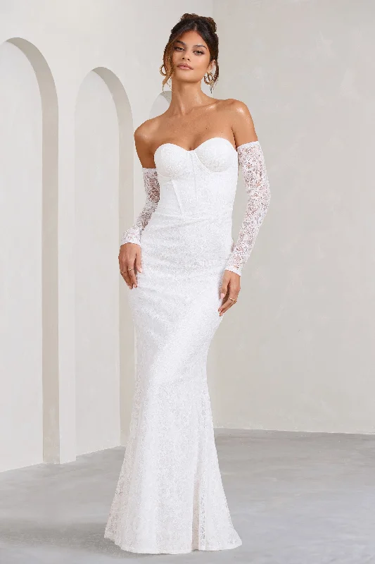 Sporty Fashion Offers Aniyah | White Lace Bandeau Neckline Corset Fishtail Maxi Dress With Sheer Sleeves Boho - Chic Festival - Ready Style