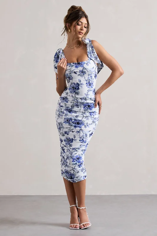 Casual Fashion Cordelia | Floral Print Bodycon Midi Dress With Bow Straps Coastal Beach - Inspired Style