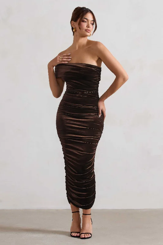 Get The Latest Trends Remember Me | Chocolate Velvet Ruched Asymmetric Bodycon Midi Dress Timeless Elegant