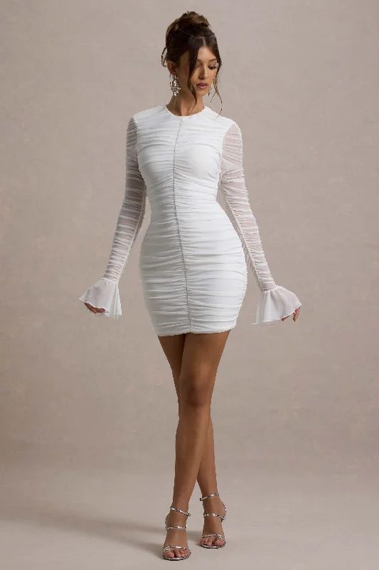 Trendy Styles Romilly | White Ruched Long-Sleeve Bodycon Mini Dress Bold Patterns