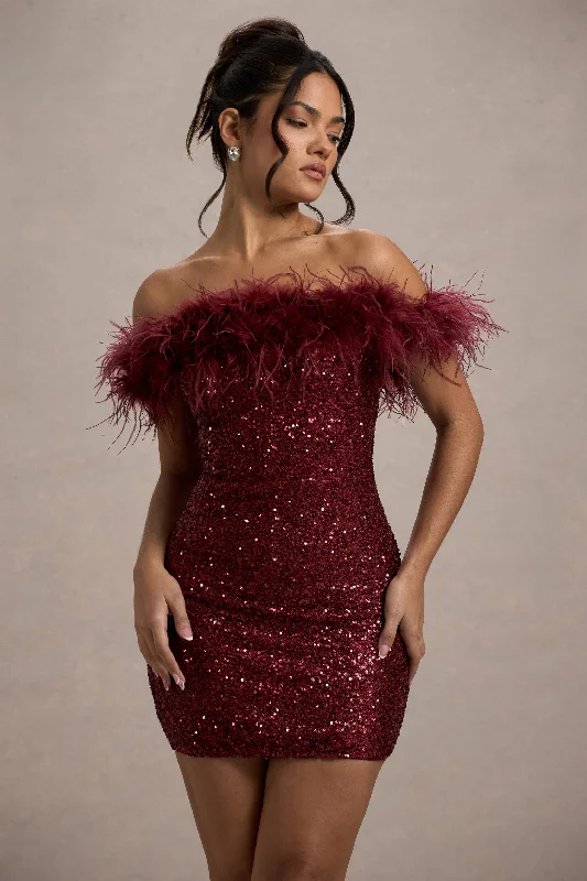 Exclusive Sale New Money | Burgundy Bodycon Sequin Mini Dress With Feather Trim Feminine Grace